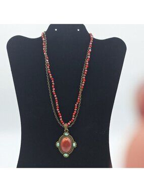 VINTAGE SIGNED NR DOUBLE STRAND BRONZE TONE BROWN PENDANT NECKLACE (NINA RICCI?)